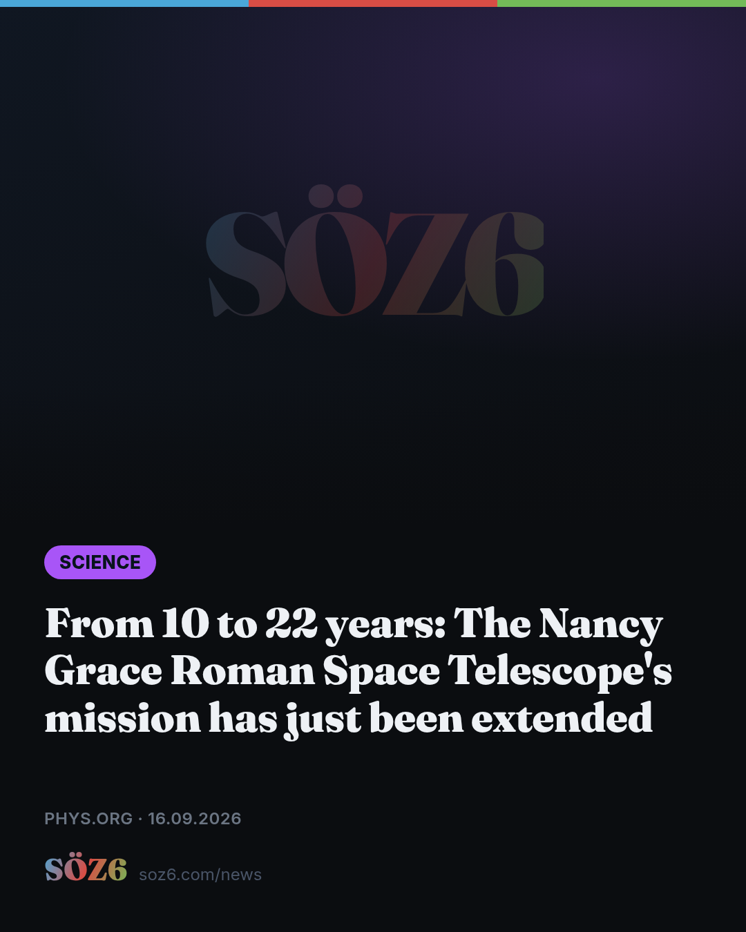 From 10 to 22 years: The Nancy Grace Roman Space Telescope's mission has just been extended
