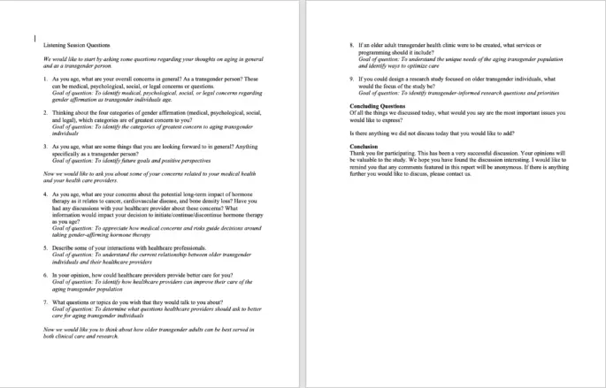 Gender affirmation concerns of aging transgender women: findings from qualitative listening sessions