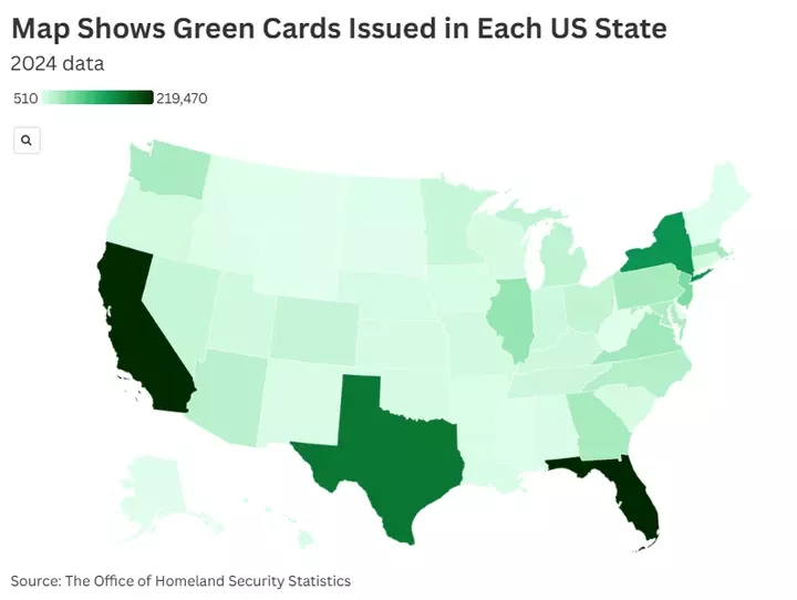 Map Shows New Green Cards Issued in Each US State