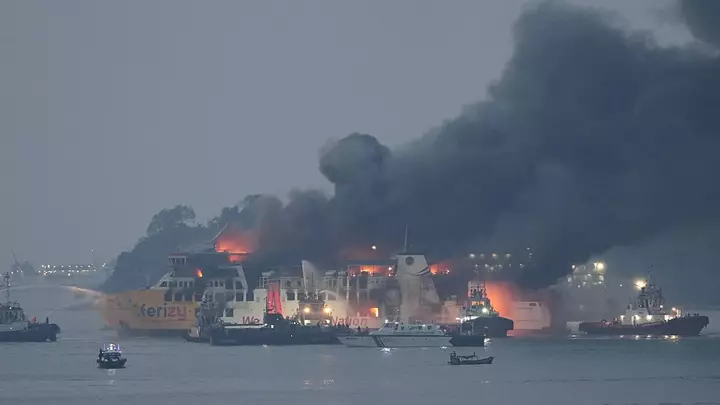 Dramatic footage shows ferry engulfed in flames off Indonesia